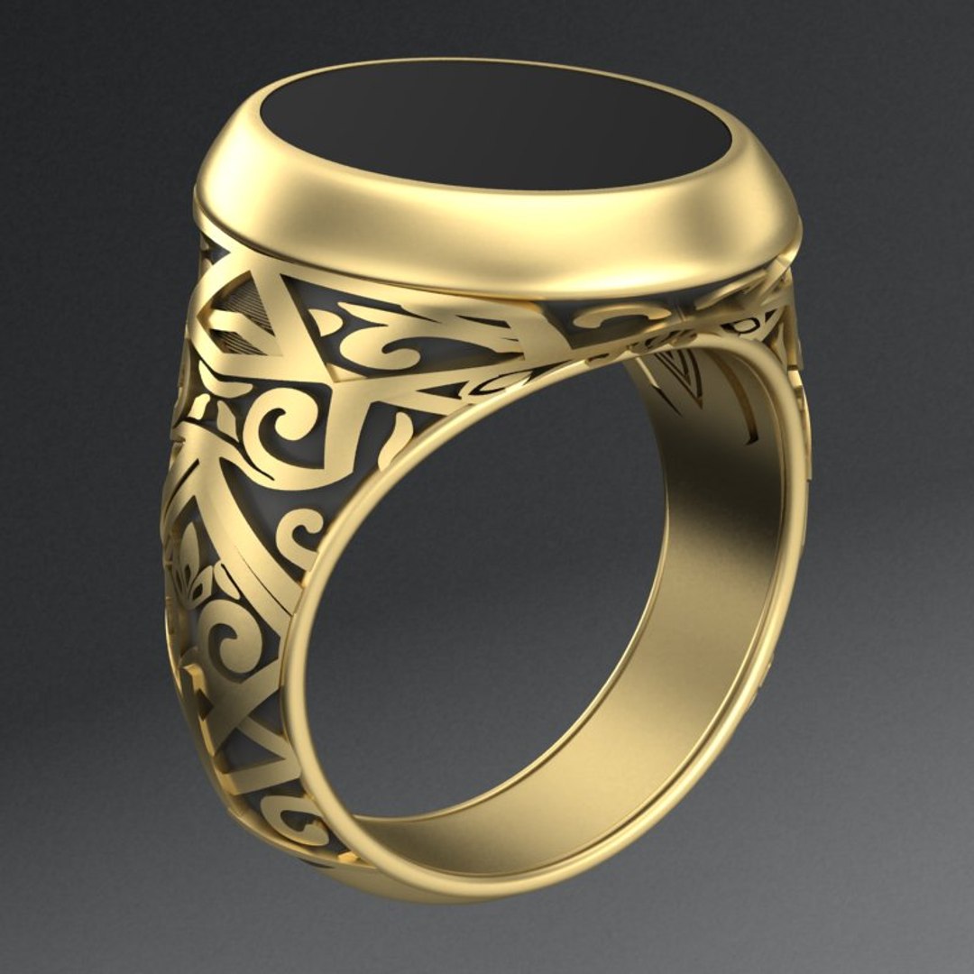 3D model stylish mens ring with a pattern and a black stone ...