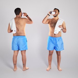 3D Shirtless young man with towel drinking water 304