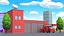 Low Poly Firehouse Building with Fire Truck Red