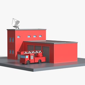 Low Poly Firehouse Building with Fire Truck Red