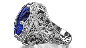 3D Turkish Ottoman King Crown Blue Sapphire Gents Ring
