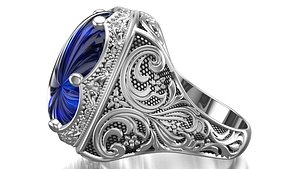 Turkish Ottoman King Crown Blue Sapphire Gents Ring