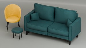 3D Couch with chair and stool