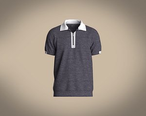 3D model Mens Textured fabric Contrast Rib Half-Zip Polo Shirt