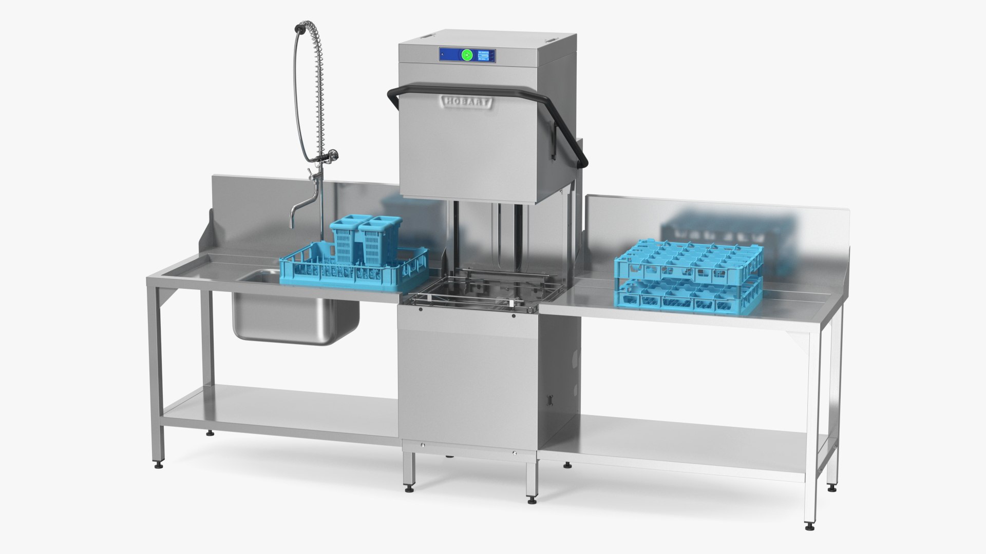 Dishwasher Hobart with Unloading Table Rigged 3D model preview