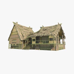 Ancient Asian Architecture Rural Thatched Cottage model