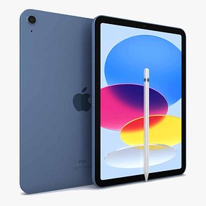 3D Apple iPad  2022 Blue with Pencil