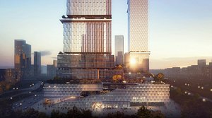 Contemporary Twin Skyscraper Business District with Podium Plaza 3D model