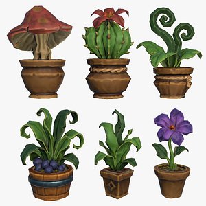 Stylized Fantasy RPG Potted Plants Cactus Mushroom Shrub Flower 3D model