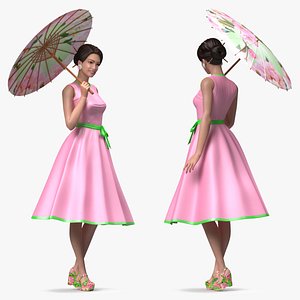 3D Asian Women Wearing Summer Dress Rigged for Cinema 4D model