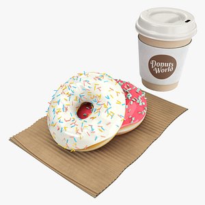 3D Paper coffee cup with pair of donuts