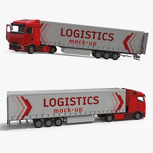 3D model Mockup Design Truck with Trailer Red Rigged for Cinema 4D