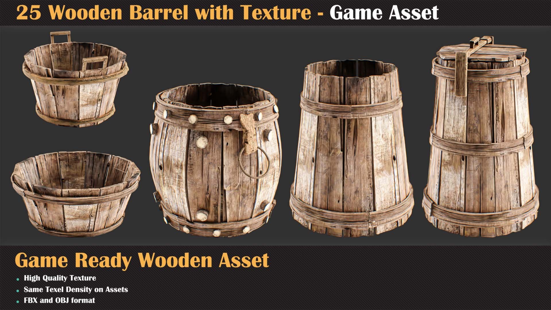 3D 25 Wooden Barrel With Texture - Game Asset - TurboSquid 2263255