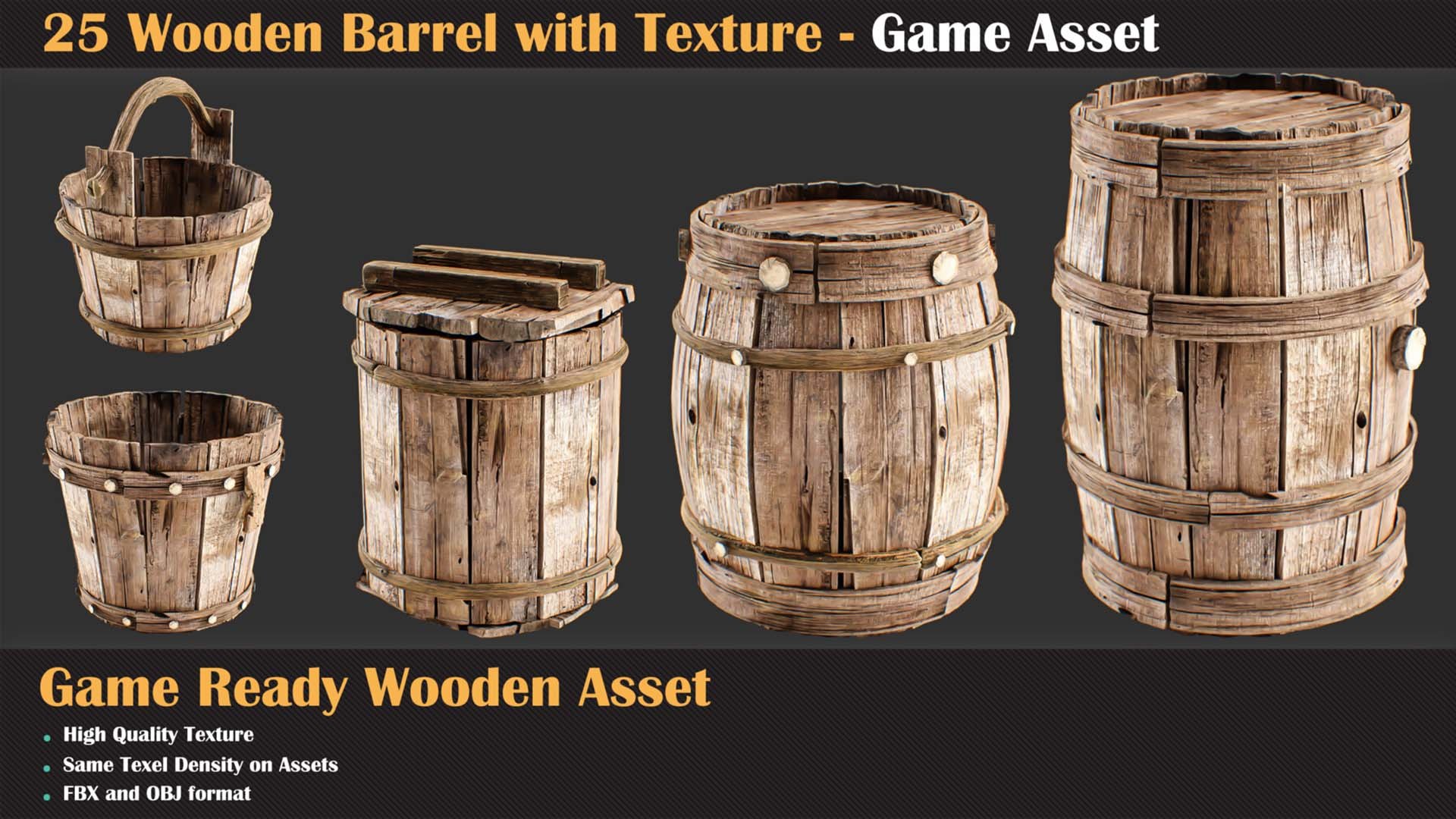 3D 25 Wooden Barrel With Texture - Game Asset - TurboSquid 2263255