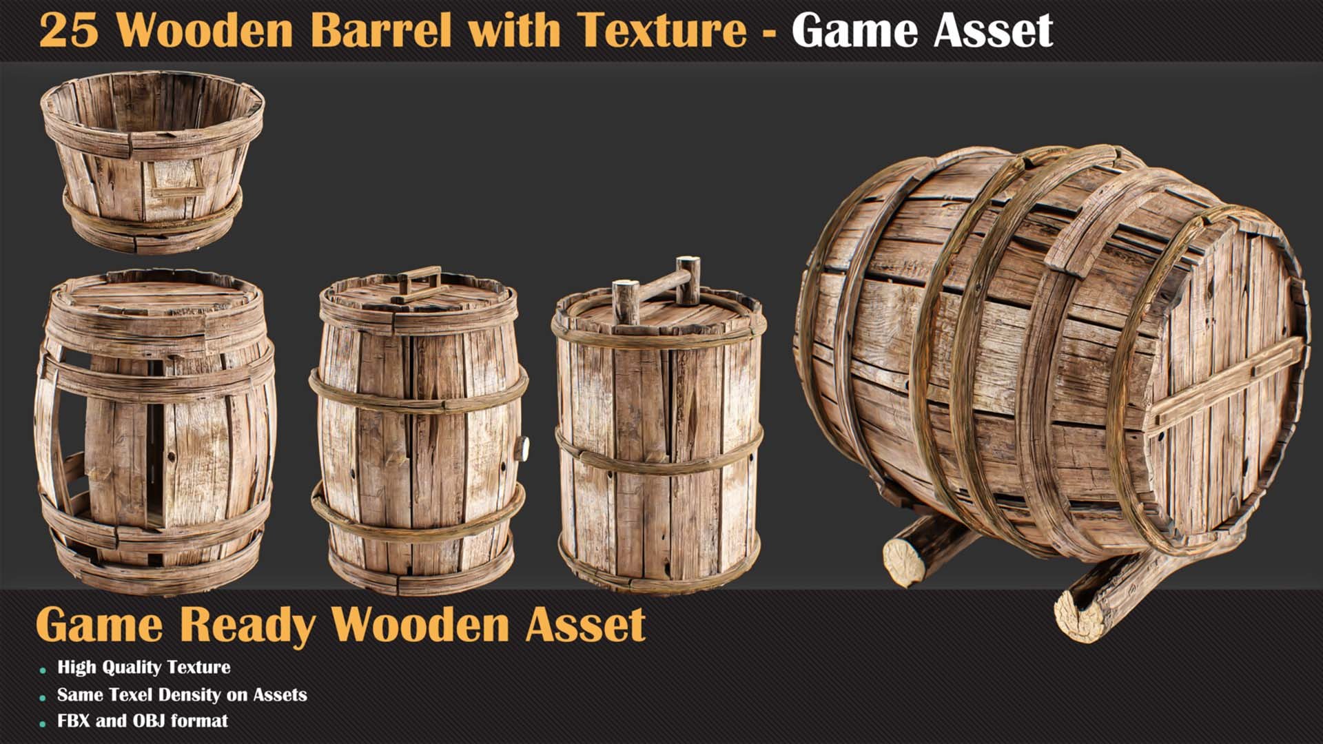 3D 25 Wooden Barrel With Texture - Game Asset - TurboSquid 2263255