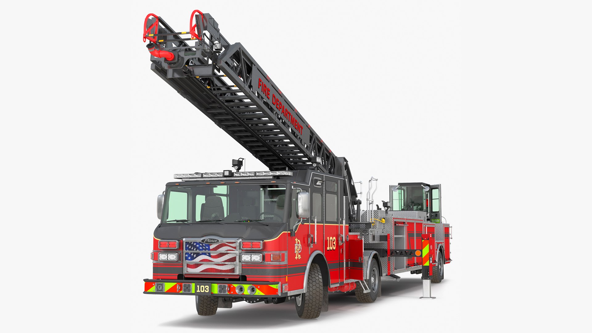 Velocity Ascendant Heavy Duty Black Fire Truck with Tiller Aerial Ladder Rigged 3D model preview