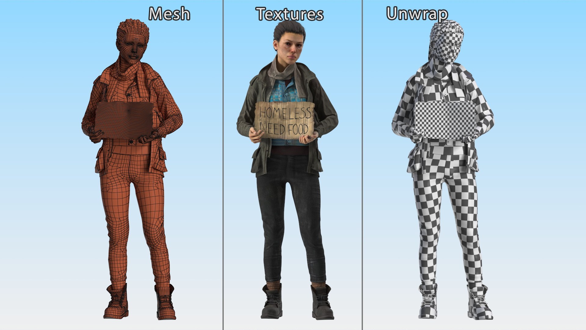 3D Homeless Woman With A Cardboard Sign Model - TurboSquid 2258148
