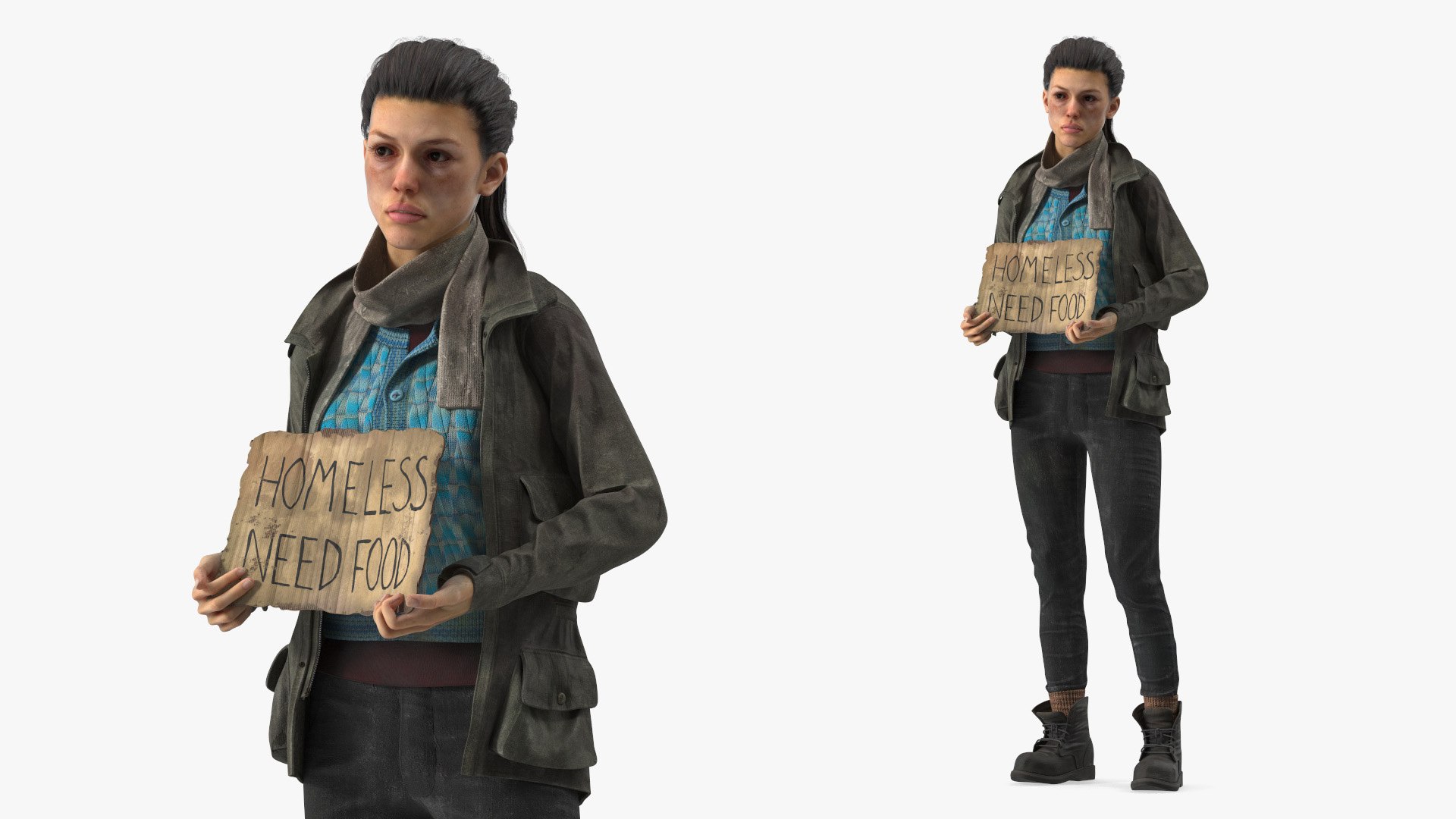 Homeless Woman with a Cardboard Sign 3D model preview