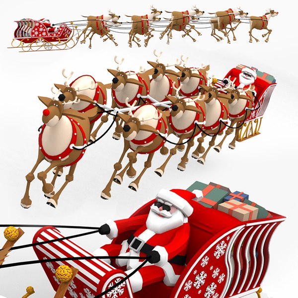 3D Santa in Sleigh with Reindeers 3D