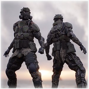 Rigged sci-fi soldier in a heavy exoskeleton model