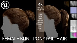 3D Female Bun-Ponytail hairstyle real time hair haircards model