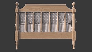 Photorealistic Wooden Childrens Bed with Cushions and Quilt