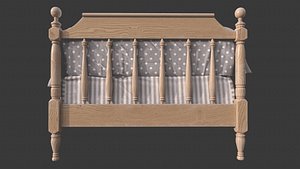 Photorealistic Wooden Childrens Bed with Cushions and Quilt