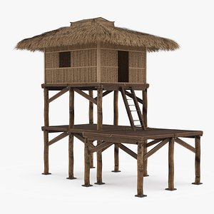 3D Two-Level Bamboo Hut with Thatched Roof