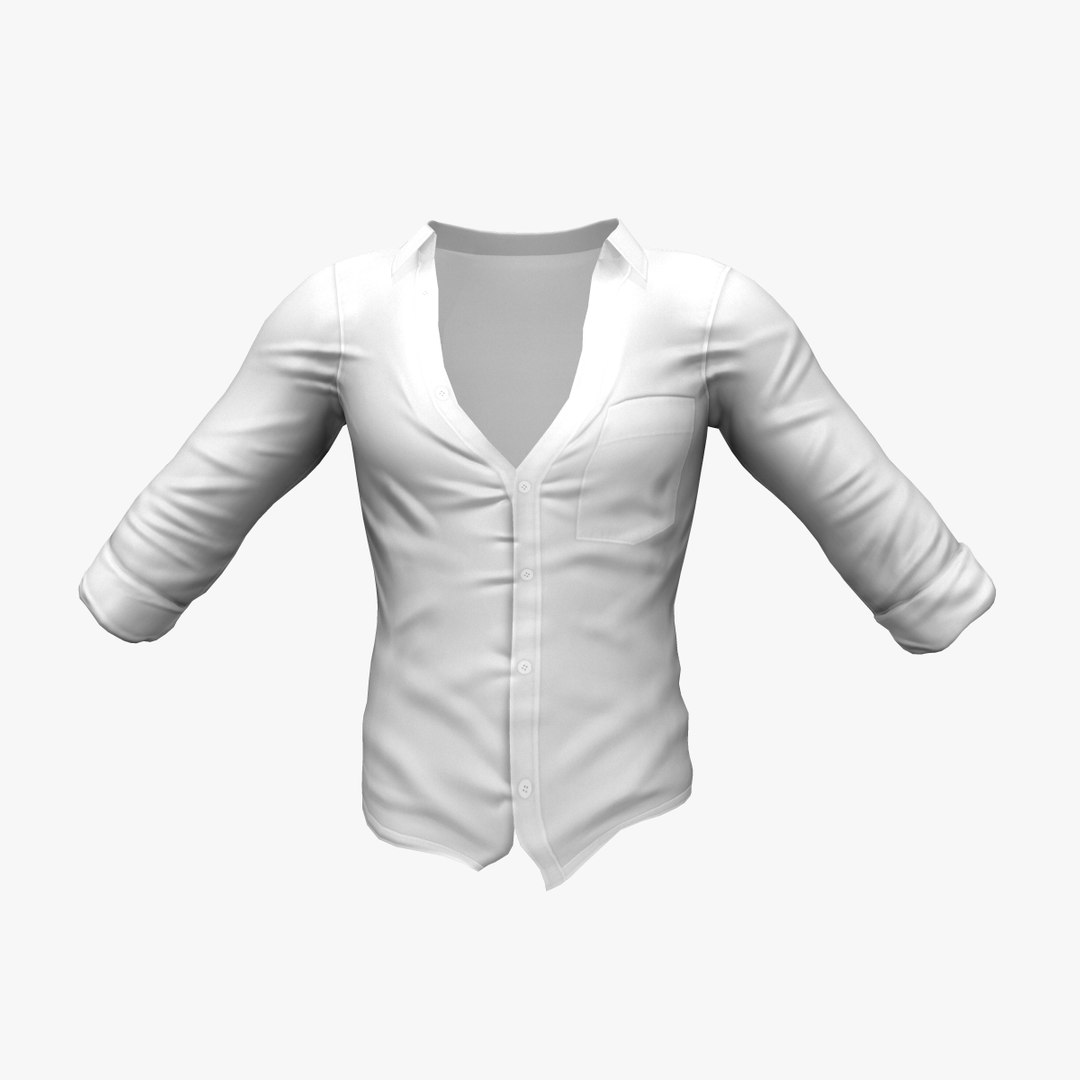 Open Chest Regular Collar Rolled Sleeves Tucked In Shirt 3D