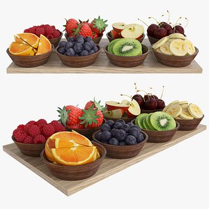 Fruit slices and berries in wooden bowls 3D model