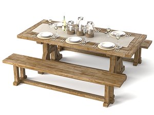 Rustic Wooden Picnic Table Set with Tableware 3D Model