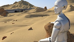 Planetary Desert Scenario + Robot (fully rigged) + Highway + Jupiter