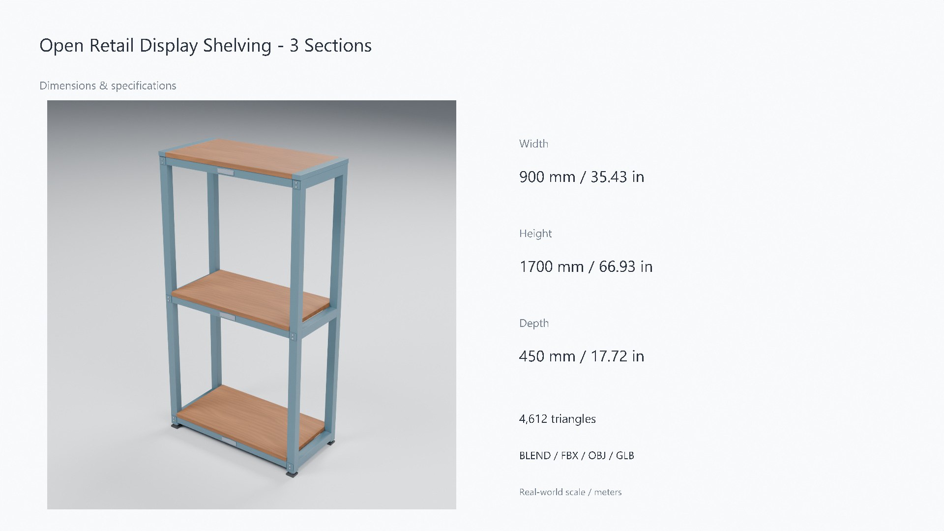 3D Wood and Steel Retail Display Shelving - 900 x 450 x 1700 mm model https://p.turbosquid.com/ts-thumb/Qf/LNcjtg/F1/07_dimensions/jpg/1788948123/1920x1080/fit_q87/4cb874086040a1f8a50ab9da56d466e799a9de62/07_dimensions.jpg