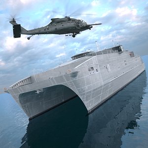 Military Catamaran Vessel with Helicopter on Water 3D model