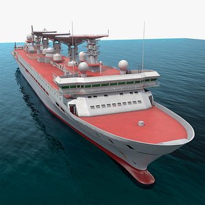 Satellite Tracking Ship with Parabolic Dishes Red In Water Simplified