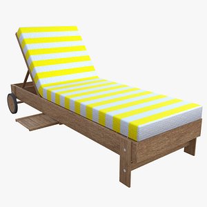 Modern Wooden Sun Lounger Yellow Striped Cushion Outdoor Deck Chair Low Poly PBR 3D model