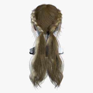 3D model Elven Side Braids with Low Ponytails Hairstyle - Real-time Hair Cards