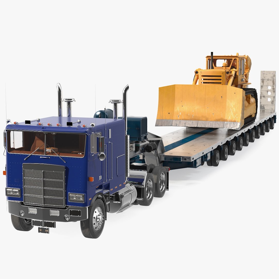 Cabover Truck with Bulldozer on Heavy Transport Trailer 3D model preview