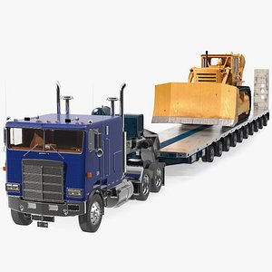 Cabover Truck with Bulldozer on Heavy Transport Trailer