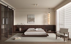 Wabi-Sabi Style Modern Bedroom Interior 3D