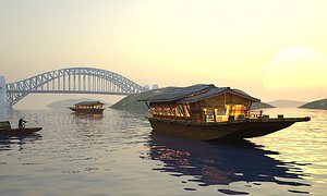 3D model Boat mooring wooden boat sunset lake scenery sunrise