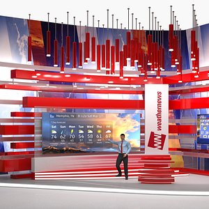 Modern TV Weather Studio with Rigged Presenter 3D Model