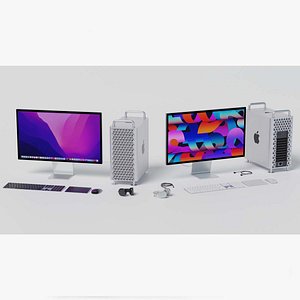 Mac Pro 2022 with keyboard mouse trackpad and airPods Max 3D model