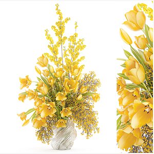 Bouquet yellow flowers tulips mimosa forsythia vase decor