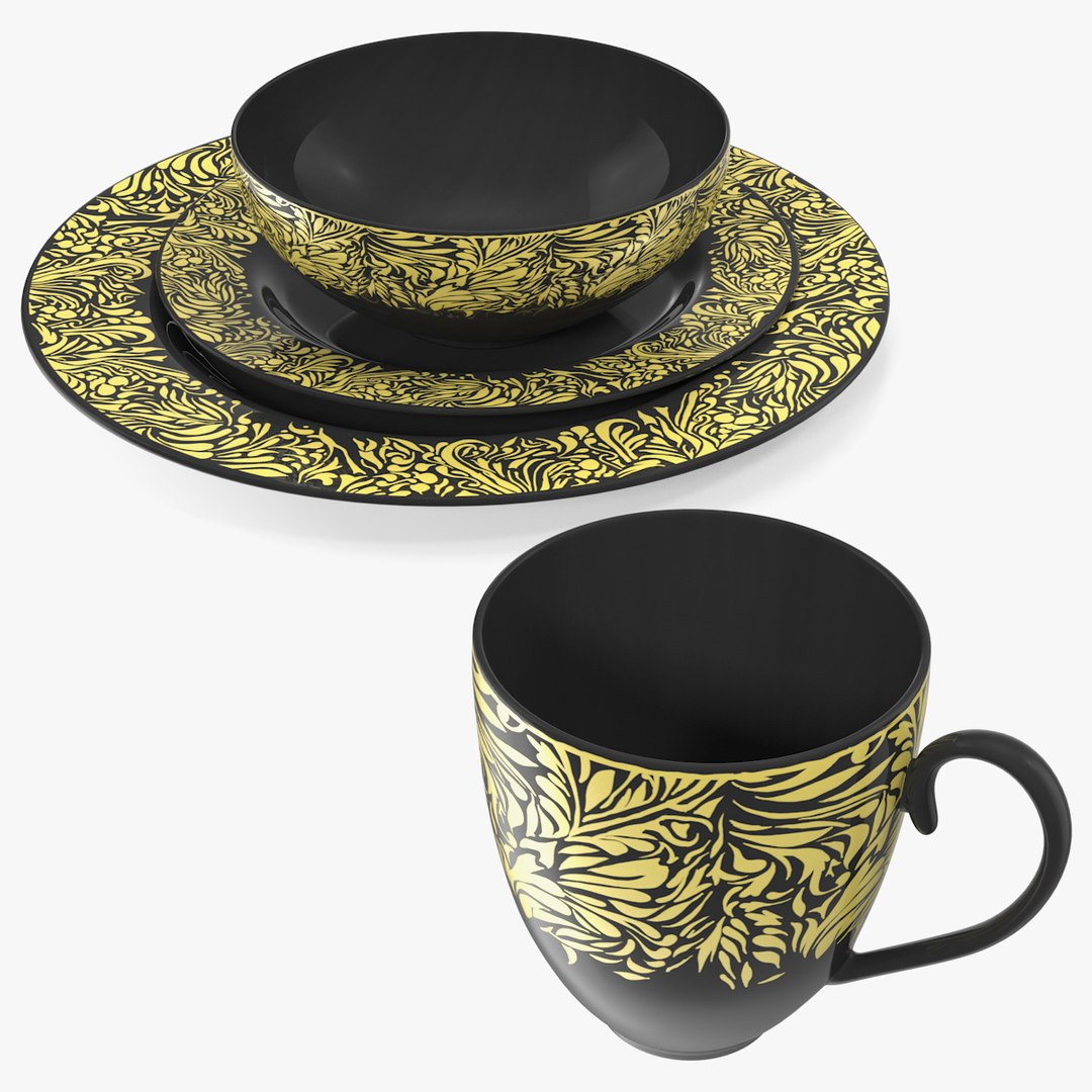 Black and Gold Dinnerware Set 3D model preview