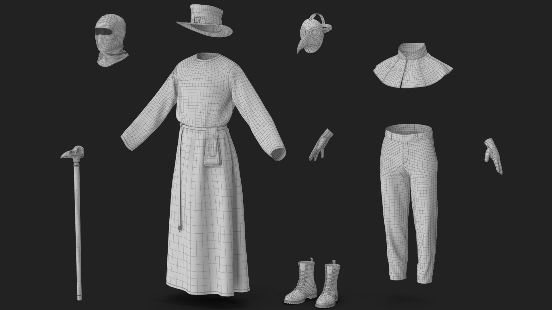 3D Plague Doctor Costume White with Staff https://p.turbosquid.com/ts-thumb/Qs/nWtPLZ/jk/wireframe_06/jpg/1779868220/1920x1080/fit_q87/8dbff890bbff3ff922b5dfe2592c569545c49ad4/wireframe_06.jpg
