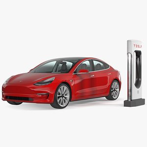 Electric Charging Station and Tesla Model 3 Rigged 3D model