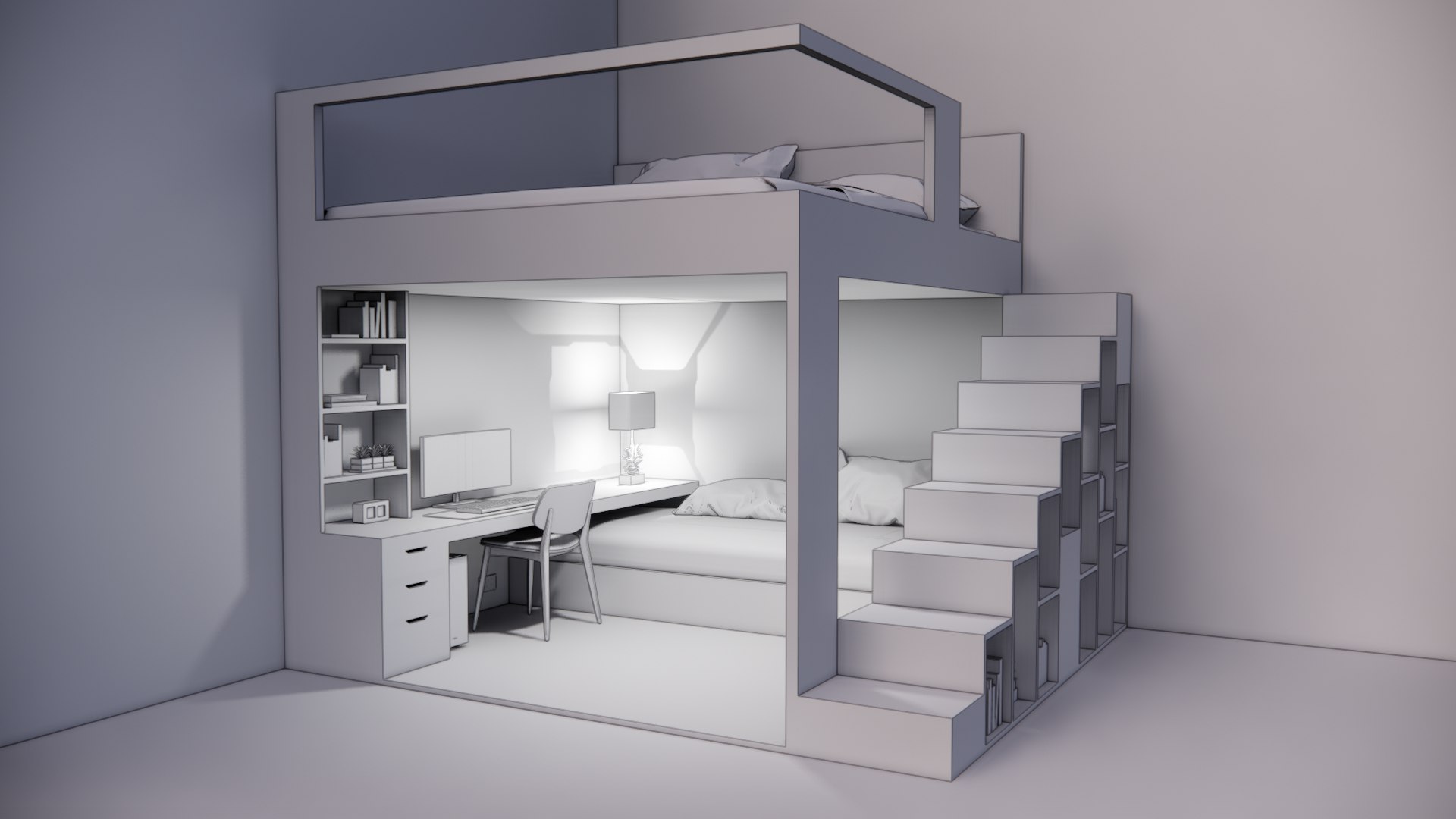 Loft Style Bed With Study Space Model - TurboSquid 2360171