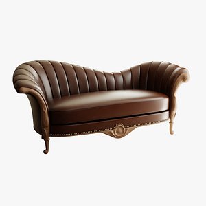 3D Furniture Sofa Chaise Lounge Low-poly Chocolate Brown Leather Dark Oak Natural Wood Legs  021