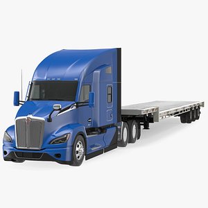 3D Kenworth Truck with Single Drop Tri Axle Extendable Trailer Rigged